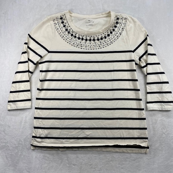 Talbots Embellished Top Striped 3/4 Sleeve Cotton Blend‎ Tee Shirt Large - Picture 1 of 8